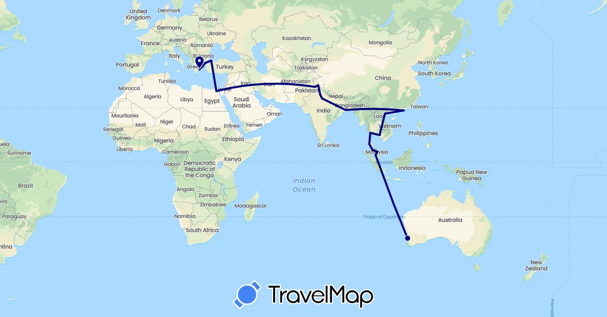 TravelMap itinerary: driving in Australia, China, Egypt, Greece, India, Cambodia, Malaysia, Thailand, Turkey, Vietnam (Africa, Asia, Europe, Oceania)